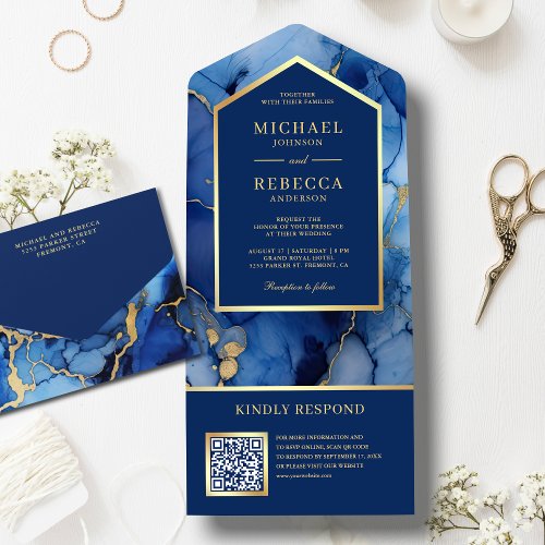 Royal Blue Gold Abstract Fluid Ink QR Code Wedding All In One Invitation