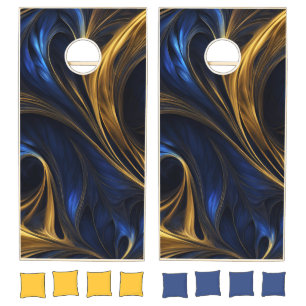 Royal Blue Gold Abstract Swirl Cornhole Set