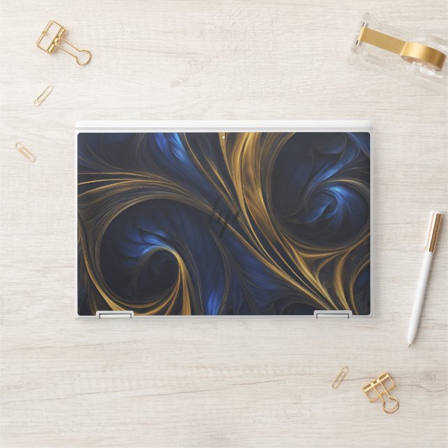 Royal Blue Gold Abstract Swirl HP Laptop Skin (Desk)