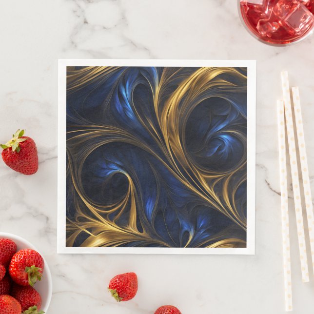 Royal Blue Gold Abstract Swirl Paper Dinner Napkins (Insitu)