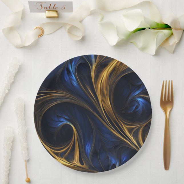 Royal Blue Gold Abstract Swirl Paper Plates (Wedding)