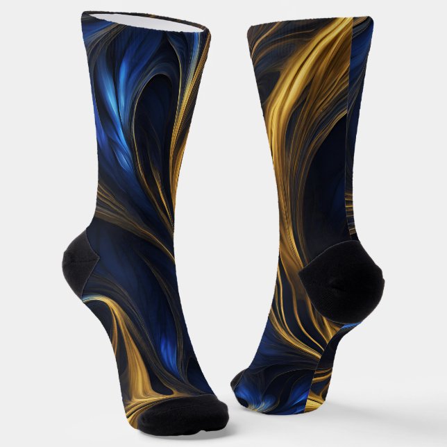 Royal Blue Gold Abstract Swirl Socks (Angled)