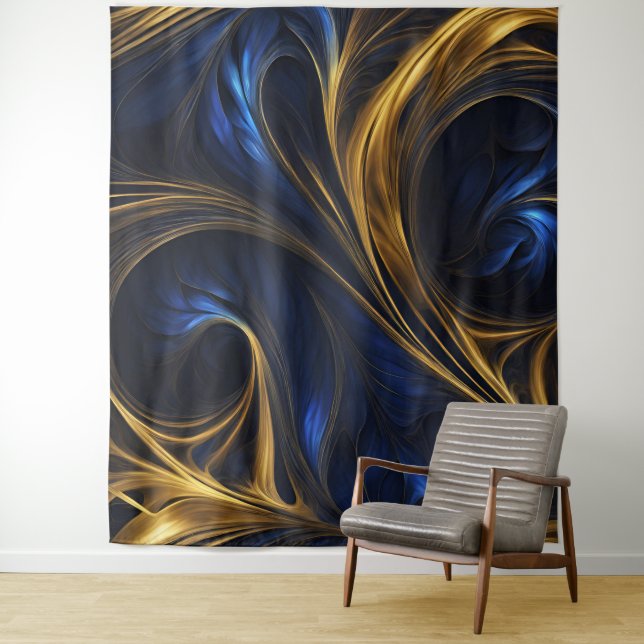 Royal Blue Gold Abstract Swirl Tapestry (In Situ)