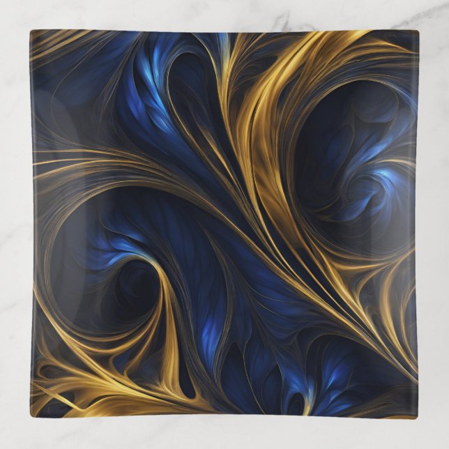Royal Blue Gold Abstract Swirl Trinket Tray (Front)
