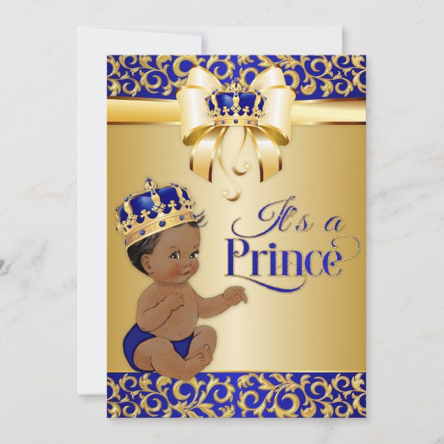 Royal Blue & Gold African American Prince Crown Invitation (Front)