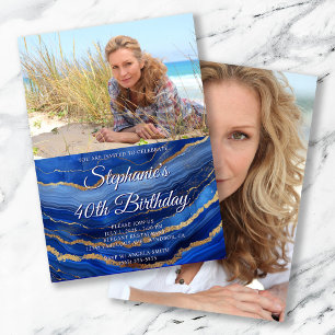 Royal Blue Gold Agate Elegant Photo 40th Birthday Invitation