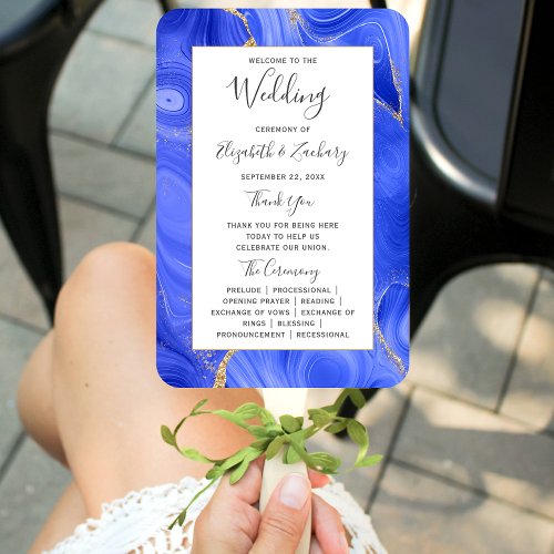 Royal Blue Gold Agate Wedding Program Hand Fan