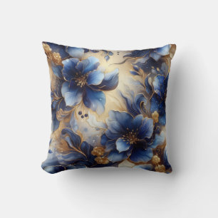 Royal Blue + Gold Alcohol Ink Floral Throw Pillow