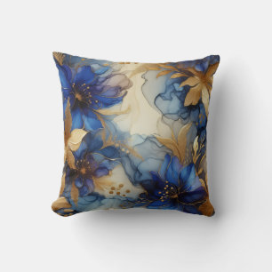 Royal Blue + Gold Alcohol Ink Floral Throw Pillow
