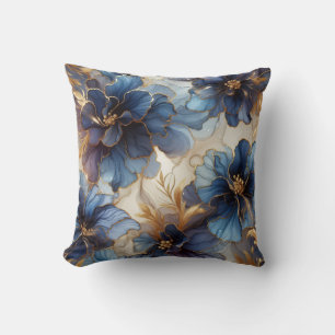 Royal Blue + Gold Alcohol Ink Floral Throw Pillow