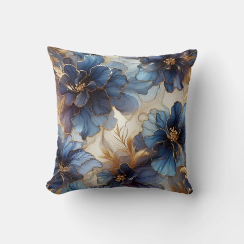 Royal Blue + Gold Alcohol Ink Floral Throw Pillow