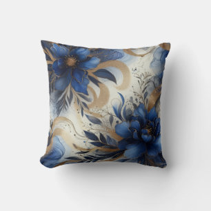 Royal Blue + Gold Alcohol Ink Floral Throw Pillow