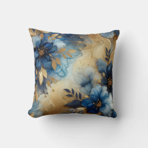 Royal Blue + Gold Alcohol Ink Floral Throw Pillow