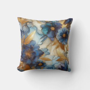 Royal Blue + Gold Alcohol Ink Floral Throw Pillow