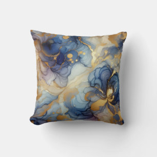 Royal Blue + Gold Alcohol Ink Marble Throw Pillow