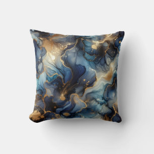 Royal Blue + Gold Alcohol Ink Marble Throw Pillow