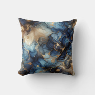 Royal Blue + Gold Alcohol Ink Marble Throw Pillow