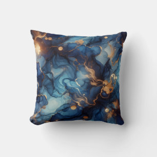 Royal Blue + Gold Alcohol Ink Marble Throw Pillow