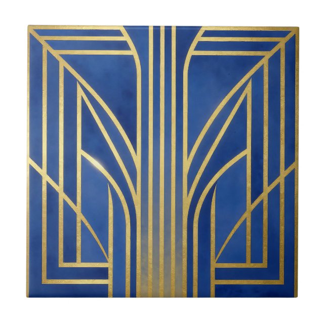 Royal Blue Gold Art Deco Ceramic Tile (Front)