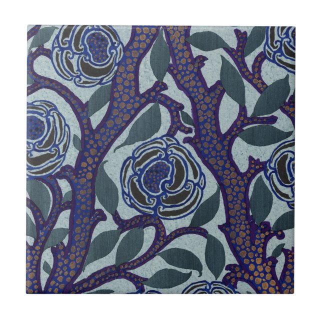 Royal Blue & Gold Art Deco Rose Floral Decor Ceramic Tile (Front)