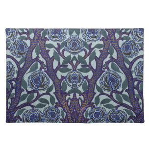 Royal Blue & Gold Art Deco Rose Floral Decor Cloth Placemat