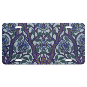 Royal Blue & Gold Art Deco Rose Floral Decor License Plate