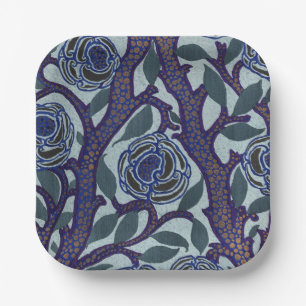 Royal Blue & Gold Art Deco Rose Floral Decor Paper Plates