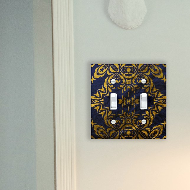 Royal Blue & Gold Baroque Damask Elegant Ornate Light Switch Cover (Creator Uploaded)