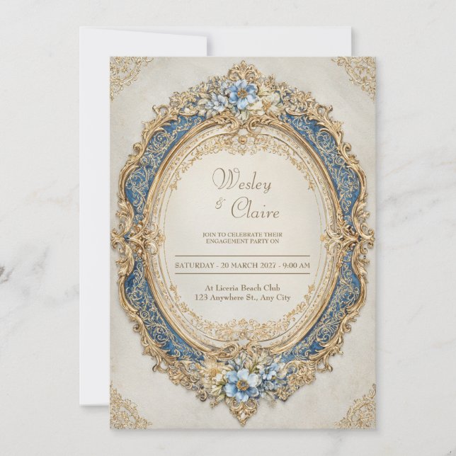 Royal Blue Gold Baroque Ornate Oval Frame Wedding Invitation (Front)