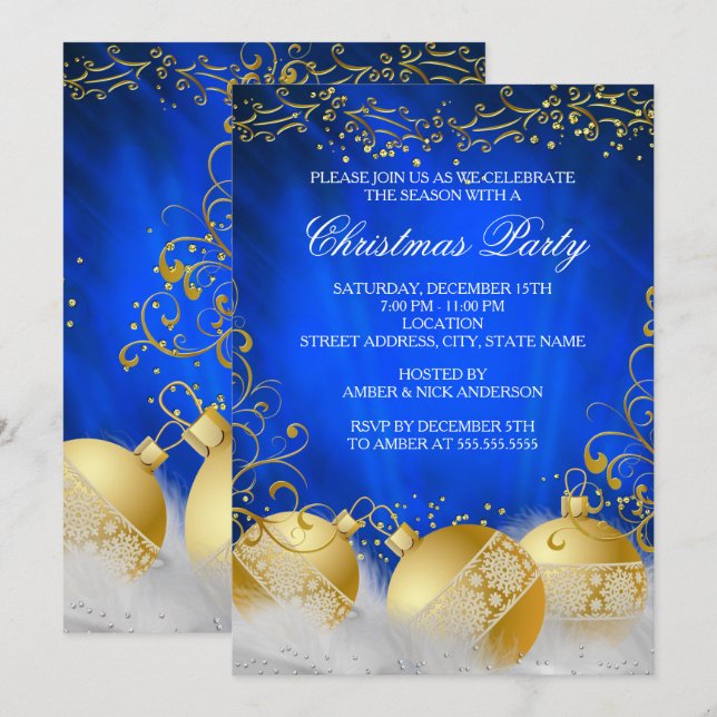 Royal Blue Gold Bauble White Christmas Party Invitation (Front/Back)