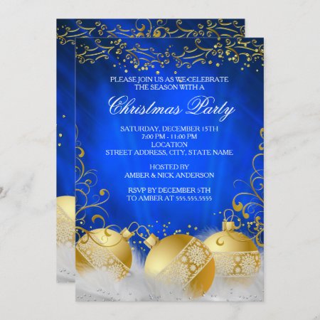 Royal Blue Gold Bauble White Christmas Party Invitation