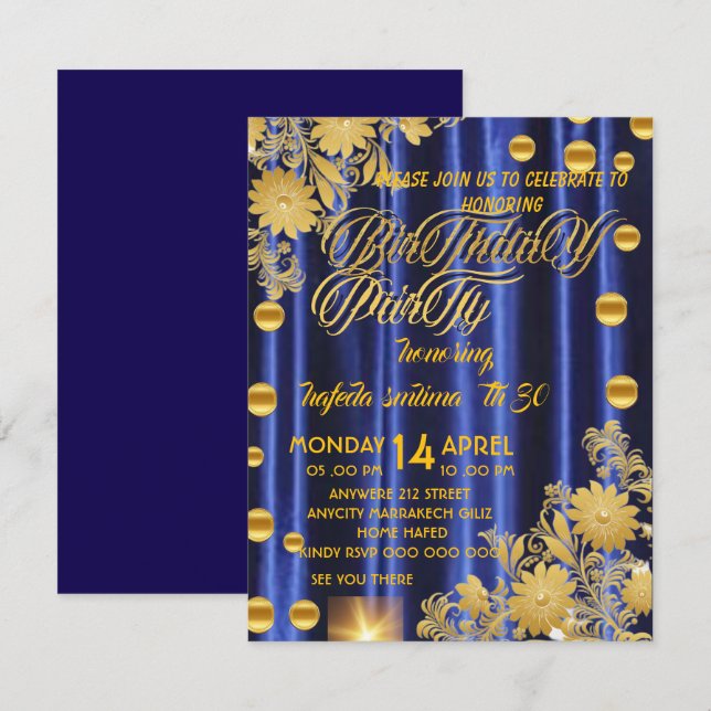 Royal Blue Gold Birthday Party Invitation, Womans  Invitation (Front/Back)