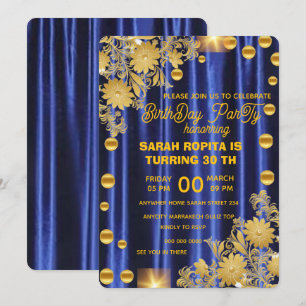 Royal Blue Gold Birthday Party Invitation, Womans Invitation