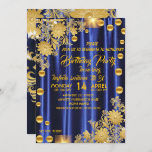 Royal Blue Gold Birthday Party Invitation, Womans Invitation
