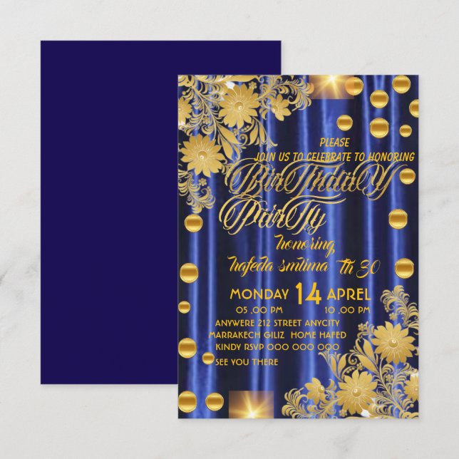 Royal Blue Gold Birthday Party Invitation, Womans  Invitation (Front/Back)