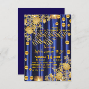 Royal Blue Gold Birthday Party Invitation, Womans Invitation