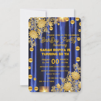 Royal Blue Gold Birthday Party Invitation, Womans Invitation