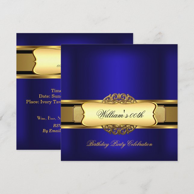 Royal blue Gold Birthday Party Men's Women's Invitation (Front/Back)