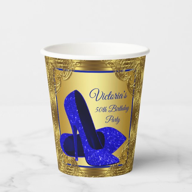Royal Blue Gold Birthday Party Paper Cups (Front)