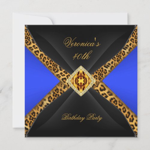 Royal Blue Gold Black Leopard Jewel 40th Birthday Invitation