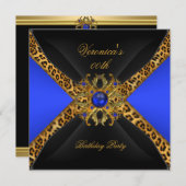 Royal Blue Gold Black Leopard Jewel Birthday Party Invitation (Front/Back)