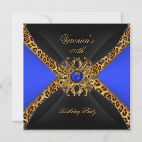 Royal Blue Gold Black Leopard Jewel Birthday Party Invitation