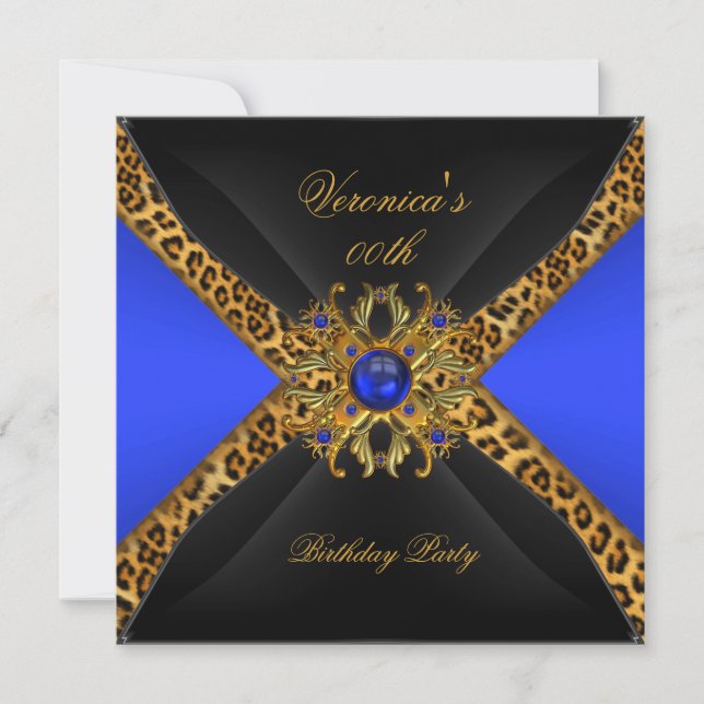 Royal Blue Gold Black Leopard Jewel Birthday Party Invitation (Front)