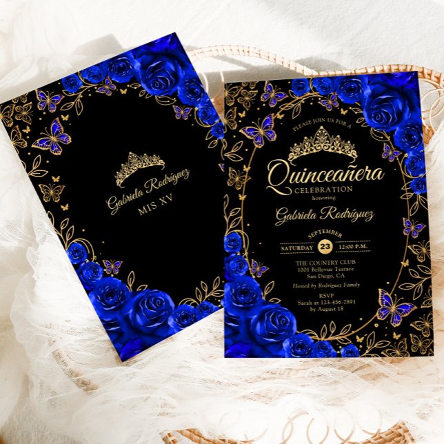 Royal Blue Gold Black Quinceanera Invitation (Creator Uploaded)