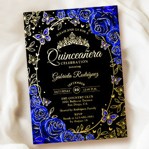 Royal Blue Gold Black Roses Quinceanera Foil Invitation
