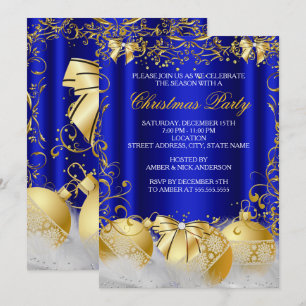 Royal Blue Gold Bow Bauble White Christmas Party Invitation