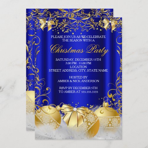 Royal Blue Gold Bow Bauble White Christmas Party Invitation