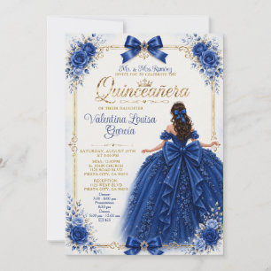 Royal Blue Gold Bow Quinceañera Princess Dress Invitation