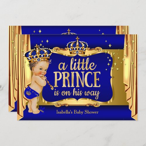 Royal Blue Gold Boy Prince Baby Shower Brunette Invitation
