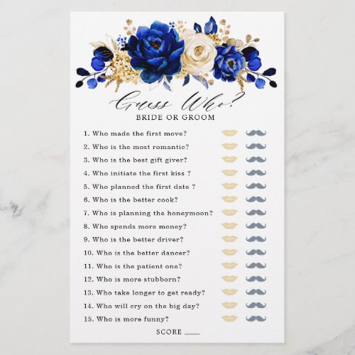 Royal Blue Gold Bridal Shower Game Guess Who